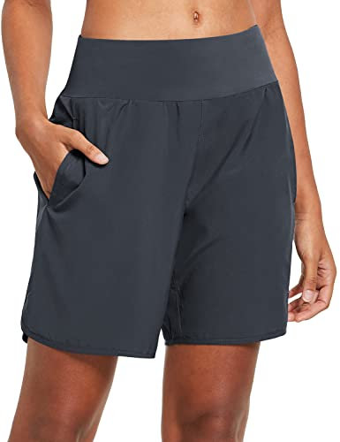 baleaf Women's Running Shorts 2 in 1 High Waisted Gym Shorts Quick Dry with Back Zipper Pockets for Yoga Workout Grey M