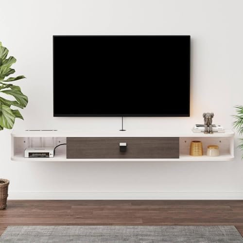 Pmnianhua Meuble TV Suspendu Bas - Étagère Murale Multimédia - Grand Rangement Avec 1 Porte et 2 Armoires Pour Salon, Chambre à Coucher et Bureau (180 cm)