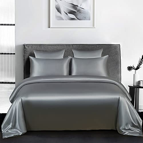 Michorinee Housse de Couette Satin 140x200 Grise foncé avec Taie d'oreiller 65x65 cm Parure de Lit Adulte 1 Personne Linge de Lit Satin de Soie Brillante avec Fermeture Éclair