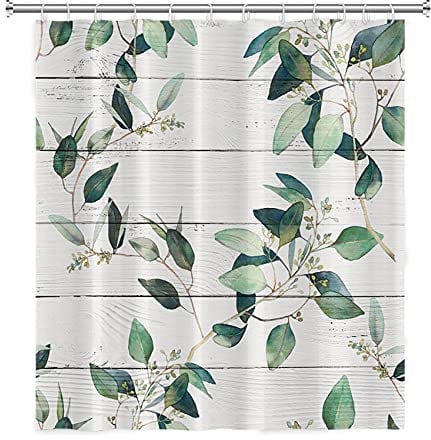 SDOTPMT 122x183 centimètre Eucalyptus Feuilles Vertes Rideau de Douche Floral Botanique sur Rustique Gris Plank Farmhouse Rideau de Bain en Tissu Polyester Étanche Salle de Bain Rideau avec Crochets