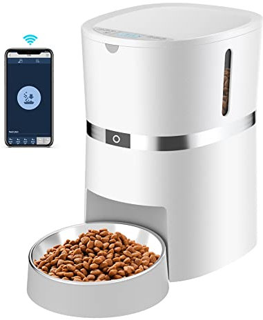 Automatic Cat Feeder | 2.4G WiFi Smart Dry Food Dispenser | APP Control | 1-6 Meal per Day | Programmable Portions | Stainless Steel Bowl | 10s Voice Recorder | 4L for Small/Medium Pets (S38-W)