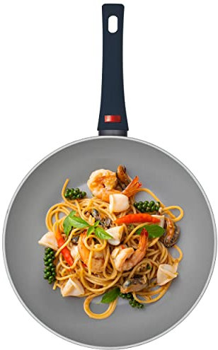 Progress BW10832EU7 Wok Sautuese Poêle Antiadhésive 28cm, Tous Feux Dont Induction, L’indicateur de poignée devient rouge lorsque la température optimale est atteinte, Thermo Handle, Gris/Bleu Foncé