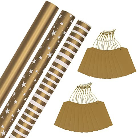 Hallmark Weihnachts-Geschenkpapier und Geschenkanhänger, goldfarben, 3 Rollen Papier in 3 Designs mit 2 Packungen mit je 10 Geschenkanhängern