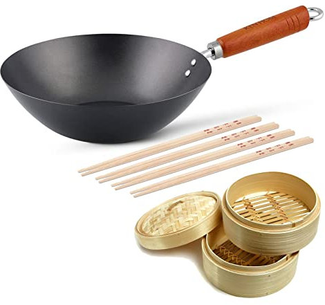 Ken Hom großer Antihaft Karbonstahl Wok 27 cm mit Holzgriff - Set inkl. Dampfkorb Ø 20 cm & 8 Stäbchen - Wokpfanne ohne Induktion