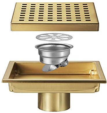 Duschrinne Rostfreier Stahl Bodenablauf Quadrat 15x15cm Duschablauf Duschabfluss mit Bodenablaufabdeckung, Haarfilter, Desodorierender Kern aus Rostfreier Stahl,Brushed Gold