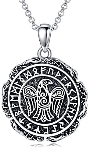 Wikinger Rabe Kette 925 Sterling Silber Krähe Anhänger Halskette Wikinger Runen Schmuck Viking Nordische Mythologie Amulett Geschenke für Herren Damen
