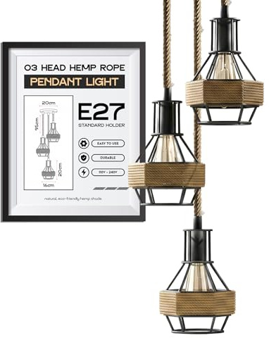 Vintage Retro 3 Way Pendant Lamp Manila Style Hemp Rope Cage Shade Hanging | Ceiling Lights with 95cm Adjustable Cable for Kitchen Island Living Room Dining Room