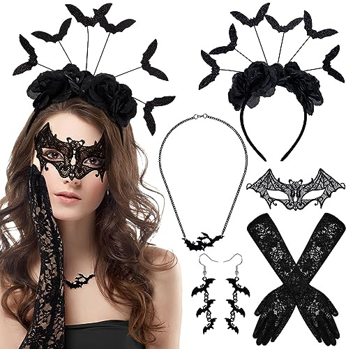 HOWAF Deguisement Halloween, Serre Tete Chauve Souris Bandeau, Masque, Gants de Dentelle, Collier, Boucles d'oreilles pour Deguisement Chauve Souris Halloween Costume