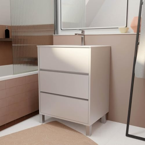 AURLANE Pack Meuble Salle de Bains 60 cm Laqué Blanc, 3 tiroirs avec Vasque Céramique - Xenos