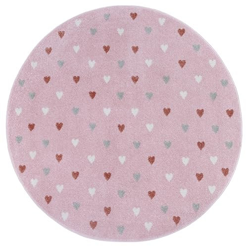 Hanse Home Adventures Tapis Rond pour Enfant - Motif cœur - pour Chambre d'enfant, Salle de Jeux, Chambre d'adolescent, Salon - Rose, 100 cm