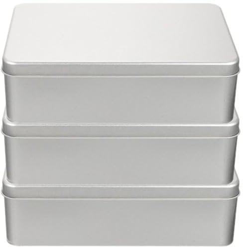 Operitacx 3pcs Empty Metal Tins Box with Lid, Stainless steel Tins Cans Storage Container for Treats, Candle, Favors and Crafts, Silver(7.1 x 4.3 x 2.1inch)
