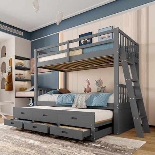 Hochbett 90x200 mit Ausziehbett und 3 Schubladen, Etagenbett Stockbett mit Ausziehfunktion und Leiter, Lattenrost, Rausfallschutz, umbaubar in DREI Einzelbetten, Vollholz massiv in Grau,ohne Matratze