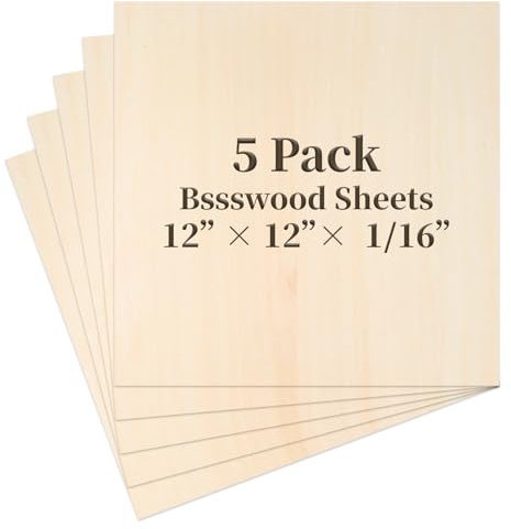 Hoja de madera balsa, paquete de 5 hojas de madera contrachapada, hojas de tilo de 12 x 12 x 1/16 pulgadas, madera artesanal sin terminar, tablas de madera finas para corte láser, grabado, quema de