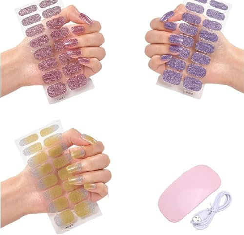 Gel Nail Stickers with Uv Light Kit, Semi Cured Gel Nail Strips Kit with Uv Light, Uv Gel Nail Stickers, DIY Gel Nail Stickers Kit, Easy To Apply (H)