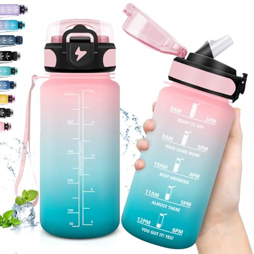 Grsta Gourde Enfant, Gourde Plastique avec Slogan de Motivation, Gourde Heure anti Fuite, Gourde Sport 500ml, Facile à Nettoyer, Gourde Enfant Paille, pour Running, Randonnée, Camping, Rose-Cyan