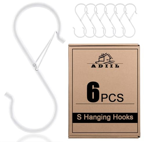 ADIIL 6 ganci a S per appendere con fibbia di sicurezza, ganci in metallo resistente a forma di S per appendere piante, utensili da cucina, jeans, borse, vasi, 9 cm, bianco