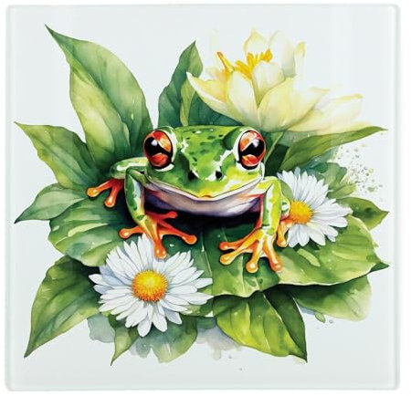 Floral Frog Large Square Glass Worktop Protector - Exotic Animals & Flowers Nature Wildlife Gifts - Smooth Kitchen Chopping/Cutting Board Worktop Saver with Non-Slip Feet 30cm x 30cm (12 x 12)