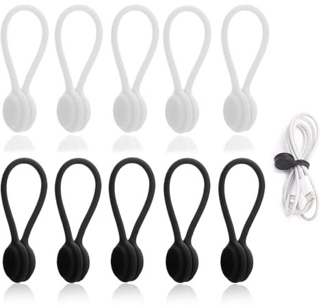 10pcs Magnetic Cable Ties,Silicone Magnetic Cable Ties USB Cable Manager Magnetic Cable Holder Magnet Twist Ties for Organizing and Bundling Wires Earphone Cable Cords Charger (Black, White)