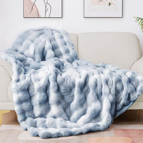 Latepis Kuscheldecke Flauschig Felldecke Blau Kunstfell 150x200 cm Wohndecke Flauschige Bubble Decke Sofadecke Kuschelig Blanket Dicke Kuscheldecke Warme Decke Plüschdecke Bett Schlafzimmer Decken