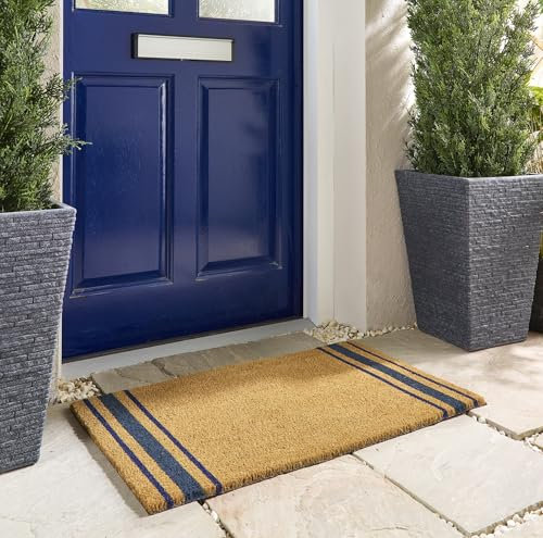 Printed Coir Door Mat for Home Entrance Indoor and Outdoor, Patio, Balcony Non-Slip Durable Natural Coconut Fiber Doormat in 45x75 cm Navy Border