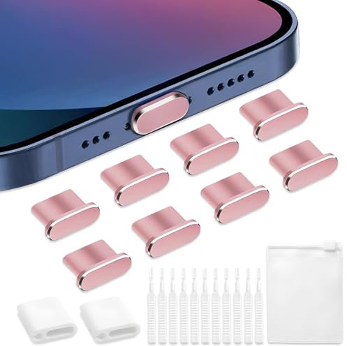 VEINARDYL 8 pcs Dust Plug for iPhone, USB C Charging Port Protector Cap with 10 Cleaning Brush, Headphone Jack Dust Plug Charger Cover compatible with iPhone 15/16 Plus Pro Max iPad 10th/ Air-Pink