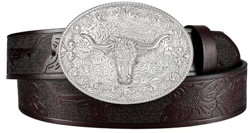 JasGood Western Ledergürtel für Herren Damen Cowboy Cowgirl Herren Gürtel Graviert Geprägter Ledergürtel mit Abnehmbare Schnalle für Jeans Hosen Rodeo,Kaffee,130cm