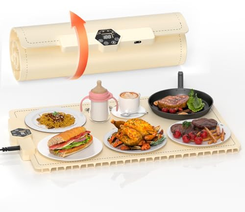 INNOWARMER Food Warming Mat,Rollable & Portable Electric Warming Tray,Electric Food Warmer with 5 Temperature,Timer Function and Safety Lock,Silicone Food Warmer for Parties,Gatherings,Buffet (White)