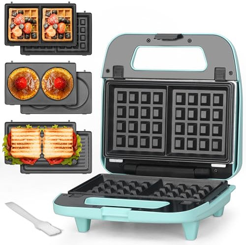 Baker's Friend - Mini waflera 3 en 1 con platos extraíbles, mini máquina para panqueques, quesos a la parrilla, prensa para sándwiches de desayuno, mini parrilla interior, waflera belga, aguamarina