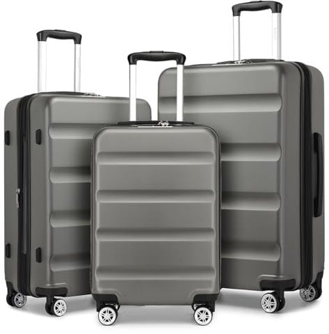 KONO Koffer Trolley Kofferset 3 Teilig Erweiterbarer Leichte Hartschalenkoffer aus ABS+PC Reisekoffer mit TSA-Schloss und 4 Spinnrollen M-L-XL, Grau