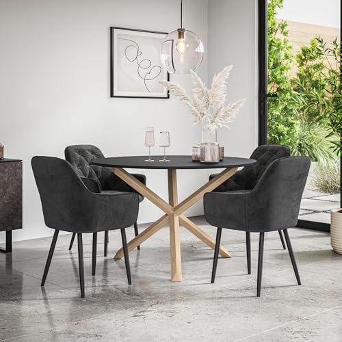 More4Homes MALVERN ROUND DINING TABLE AND CHAIRS - BLACK TABLE TOP w SOLID OAK LEGS + ANIKA VELVET DINING CHAIR SET OF 4