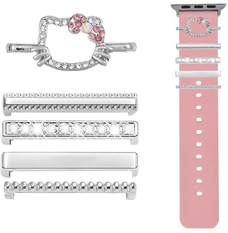 LQIOACU 5 Stück Appl e watch charms Kitty, Charms für Appl e watch Armband, Armbandzubehör aus Edelstahlmetall und Silikon, Rosa, Größe A, Glamour-Design, Schnalle, wasserdicht, Uhrenarmbandzubehör