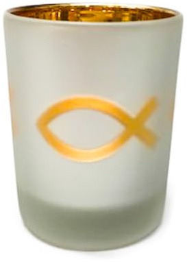 Kerzenhalter aus Glas mit Goldenem Fisch-Symbol, Weiß-Matt, Goldener Innenbereich