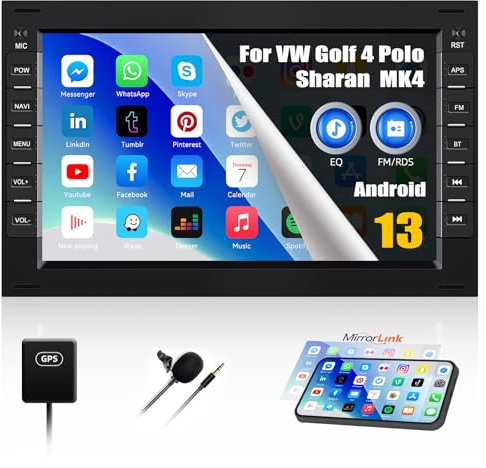 CAMECHO 1+32G Android 13 Autoradio per VW Golf 4 Polo Sharan Jetta MK4 T5 Multivan con Navi, 7 Pollici Stereo Auto Bluetooth 2 Din con Schermo GPS WiFi MirrorLink FM RDS Bluetooth e USB