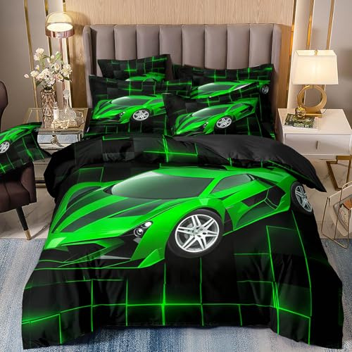 VOGIAY Sportwagen Bettbezug-Set Grün Rennwagen Bettwäsche Set 135x200cm Kinder Jungen Mädchen Extremsport Themen Bettwäsche Cool Speed Luxus-Auto-Dekor Bettbezug mit 1 Kissenbezug