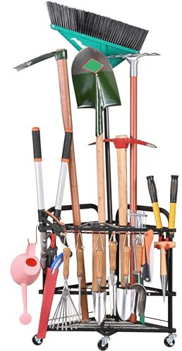 eluno Gartengeräte-Organizer, Eckregal mit abnehmbaren Haken, Gerätewagen als ideales Ordnungssystem für Haus- und Gartenwerkzeuge wie Besen, Hacke, Rechen, Spaten u.v.m. aus schwarzem Stahl