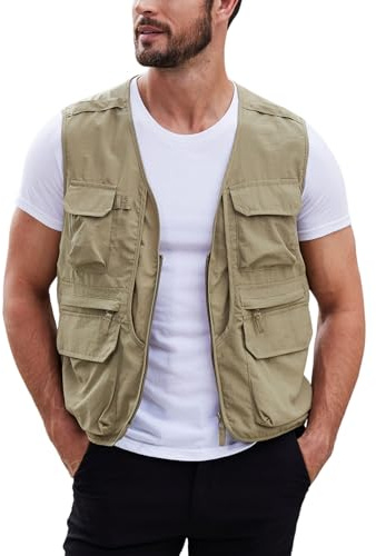Gihuo Men's Utility Fishing Vest Lightweight Outdoor Work Safari Travel Cargo Vest with Multi-Pockets (US, Alpha, Medium, Regular, Regular, Khaki)
