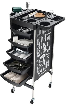 Salon Trolley with 5 Drawers, Rolling Salon Storage Cart with Storage Case Platform Hairdressing Cart with Wheels Beauty Utility Cart for Spa Salon Home Kitchen Use (Black)