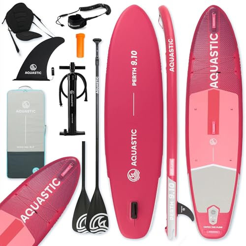 AQUASTIC Perth 9'10″ Aufblasbares SUP Board | Allround Form | Drop Stitch LITE | 300×76×12 cm | 320 L Verdrängung | Max. Belastung 100 kg | 3 mm Eva Schaum | D-Ring Griff | Slide-In 9″ Ballast.