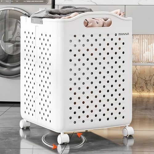 60L Wäschekorb Plastik Faltbarer Wäschekorb mit Henkel,Wäschesammler,Wäschebox mit Rollen für Zimmer, Badezimmer, Schlafzimmer und Wohnheim,Weiß