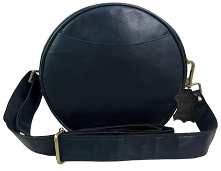 Madosh Stilvolle runde Umhängetasche für Damen – kleine runde Geldbörse aus echtem Leder mit verstellbarem Riemen, schwarze Seitenschulter, modische Handtasche