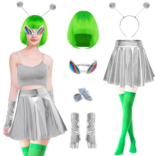 Maazusa Alien-Kostüm für Demen 7 Stück Grün Alien Outfits Kurzer Rock StirnbandGrüne Perücke Brille Handschuhe Socken Pailletten für Halloween Karneval Faschings (Grün, XL)