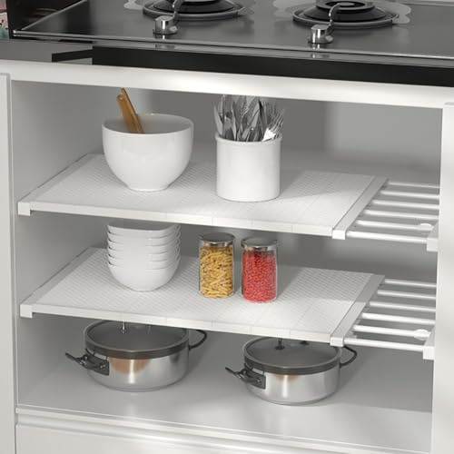 LexTex Atmospherei Expandable Closet Tension Shelf Storage Rack for Wardrobe, Kitchen, Bathroom, Adjustable tension rod for closet, No Drill Organizer Cabinet Tension Rod Shelf(Width(42CM),50-80CM)
