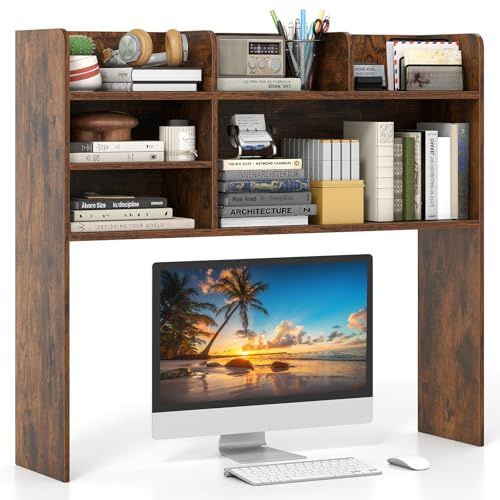 GOPLUS Etagere Bureau a Poser sur Meuble, 94 x 24 x 85 CM, Bibliothèque Bureau en Bois avec 6 Compartiments Ouvert et Ajustable, Kit Anti-Basculement, Pieds Antidérapants, Idéal pour Cuisine (Brun)