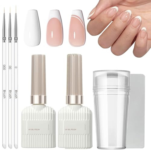 Nude French Manicure Kit - Jelly Nude and White Gel Nail Polish Set - French Manicure Nail Polish with Nail Stamper,3Pcs Nail Art Pen - Long Lasting French Manicure Gel for Home DIY Nail Salon