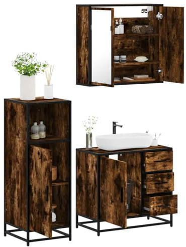 Youuihom 3 teiliges Badmöbel Set Räuchereiche Holzwerkstoff Badezimmerschrank mit Spiegelschrank und Waschbeckenunterschrank 65 x 60 cm Stilvolles Design mit Stauraum für Badutensilien