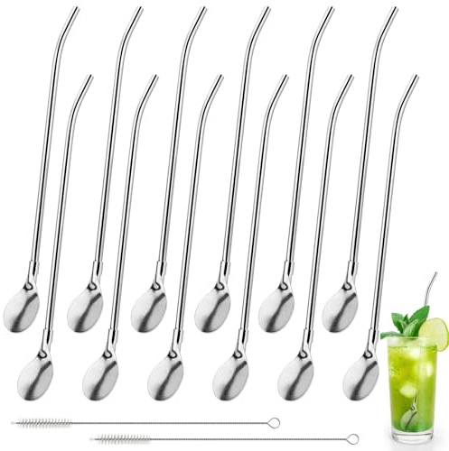 14 Pcs Trinkhalmlöffel,Strohhalm mit Löffel mit 2 Stück Reinigungsbürste,Edelstahl Trinkhalmlöffel,Strohhalm Löffel Wiederverwendbare,2 in 1 Strohhalme für Smoothies, Milchshakes, Cocktail, Kaffee