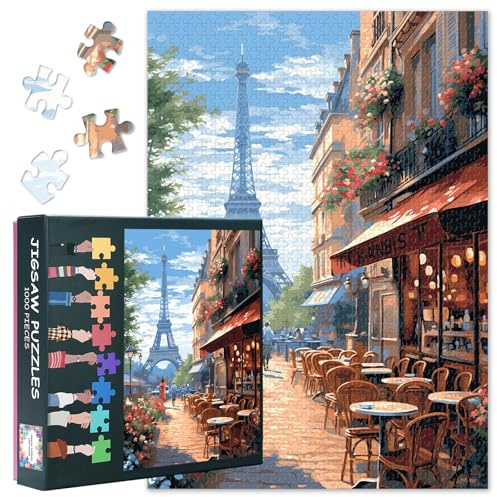 Café in Paris mit dem Eiffelturm Puzzles 1000 Teile für Erwachsene, Familien (Straßen von Paris) Die Teile Passen Perfekt Zusammen Fertige Größe ist 20x27 inch