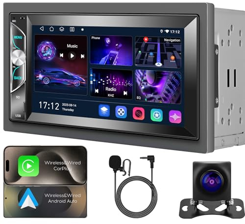 6.2inch Android Double DIN Car Stereo, Wireless CarPlay & Android Auto, Wi-Fi/Bluetooth/USB Tethering, Car Radio 2G+32G, 32B-EQ DSP, AHD Backup Camera, MirrorLink, FM/AM/GPS/SWC