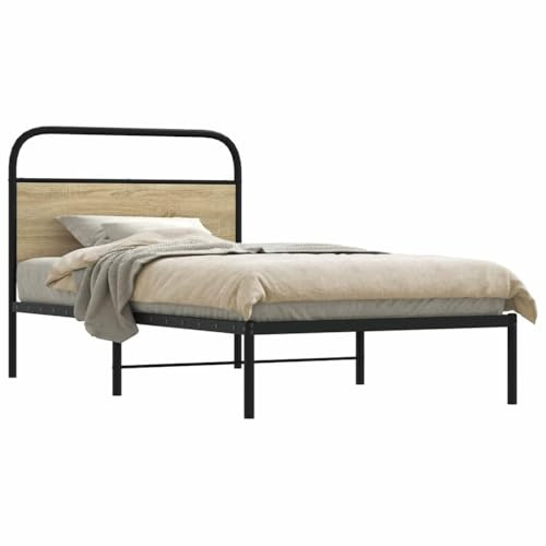 QJBSAVVA Bettgestell 100x200 cm Sonoma-Eiche Holzwerkstoff mit Kopfteil, Stahlrahmen, 207 x 105 x 100 cm, stabil & langlebig, einzeln für Schlafzimmer Jugendzimmer Gästezimmer