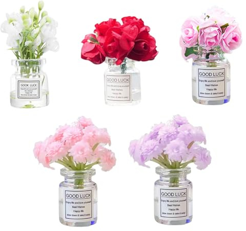 5 Stück Mini-Blumenvase, Auto-Armaturenbrett-Dekoration, niedliche Selbstklebende Mini-Vase mit künstlichen Blumen, Ornamente, Innenraum, Auto-Zubehör, Blume, Armaturenbrett-Dekoration